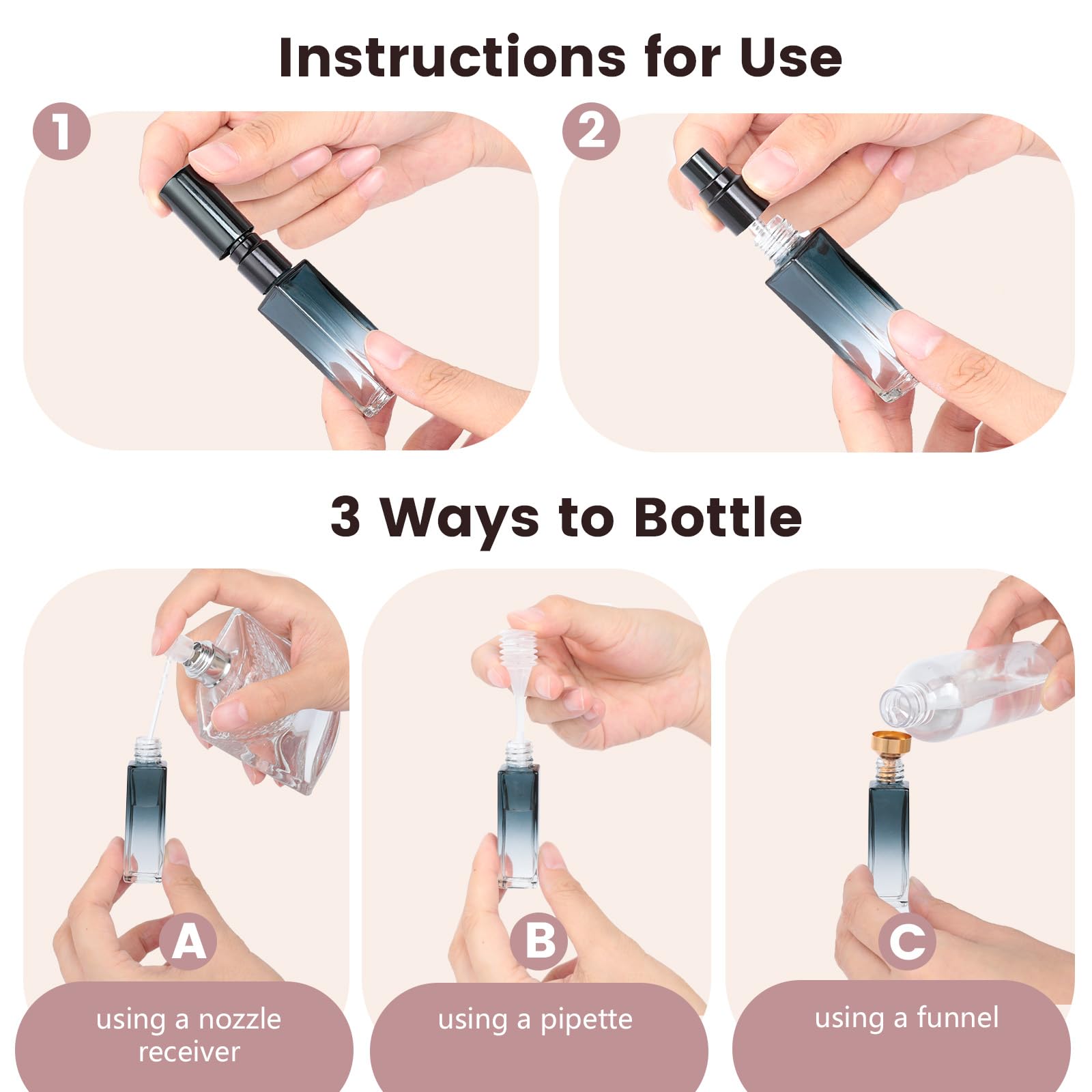 AiQInu 6 sztuk wielokrotnego ładowania podróżny pojemnik na perfumy 10 ml, pusta butelka z rozpylaczem z zakraplaczem i lejkiem, wielokrotnego użytku, przenośny dozownik parownika do podróży, na