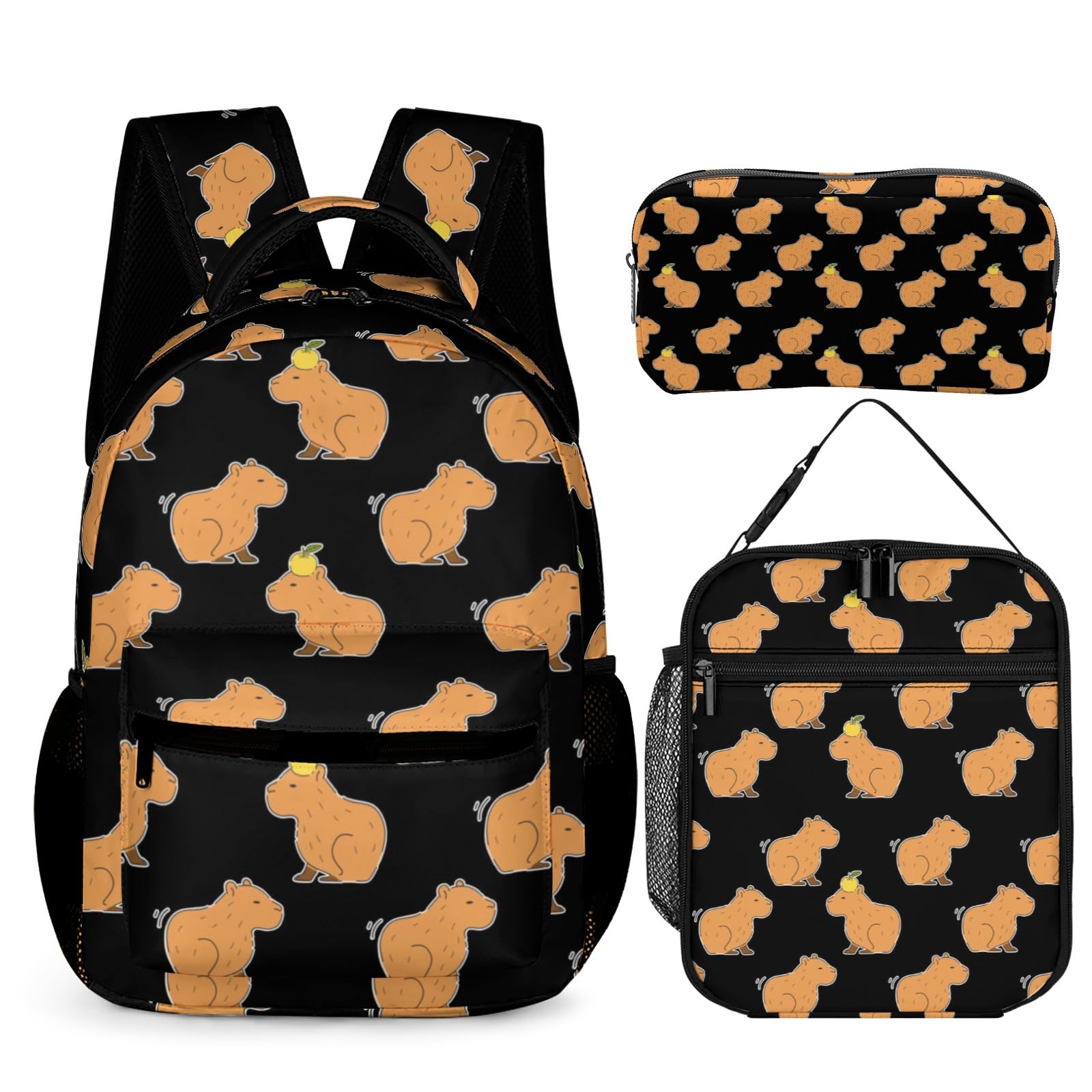 Homieblanket Capybara Backpack with Lunch Bag & Pencil Case, 17 in Bookbag | High-density 900D nylon | All-over capybara print | Structured & never