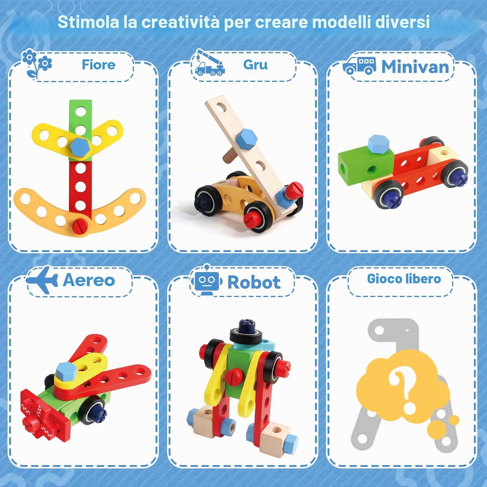 TONZE Cassetta Attrezzi per Bambini 3-6 Anni, 52 Pezzi Giocattolo da Lavoro, Costruzioni Montessori in Legno, Regalo 2-5 Anni