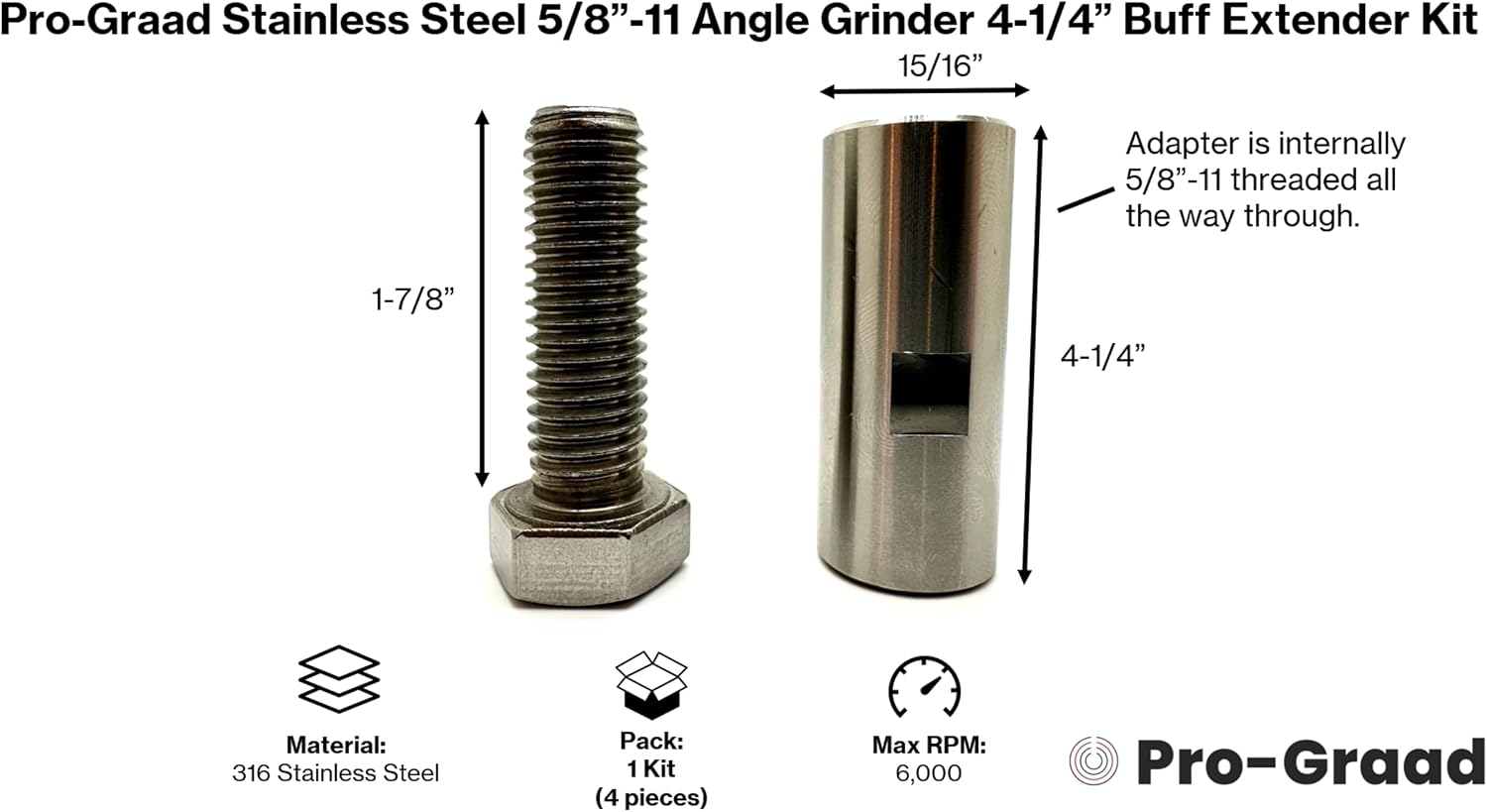 Buff Extender Kit 4-1/4", 5/8"-11, Stainless | Stainless extension shaft for airway buffing wheels on 5/8"-11 angle grinders