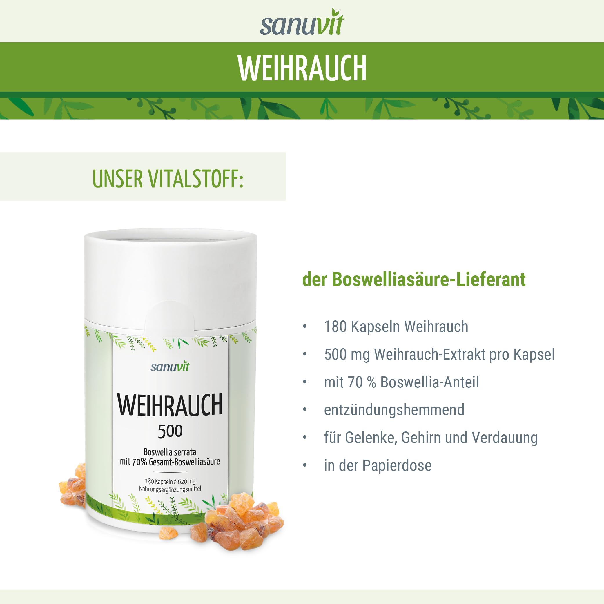 Sanuvit® - Weihrauch Kapseln 500 mg | 180 Kapseln | Hochdosiert | Indischer Boswellia serrata | Hohe Bioverfügbarkeit | Mit Premium Rohstoff Boswellin® | Vegan | Hergestellt in Österreich