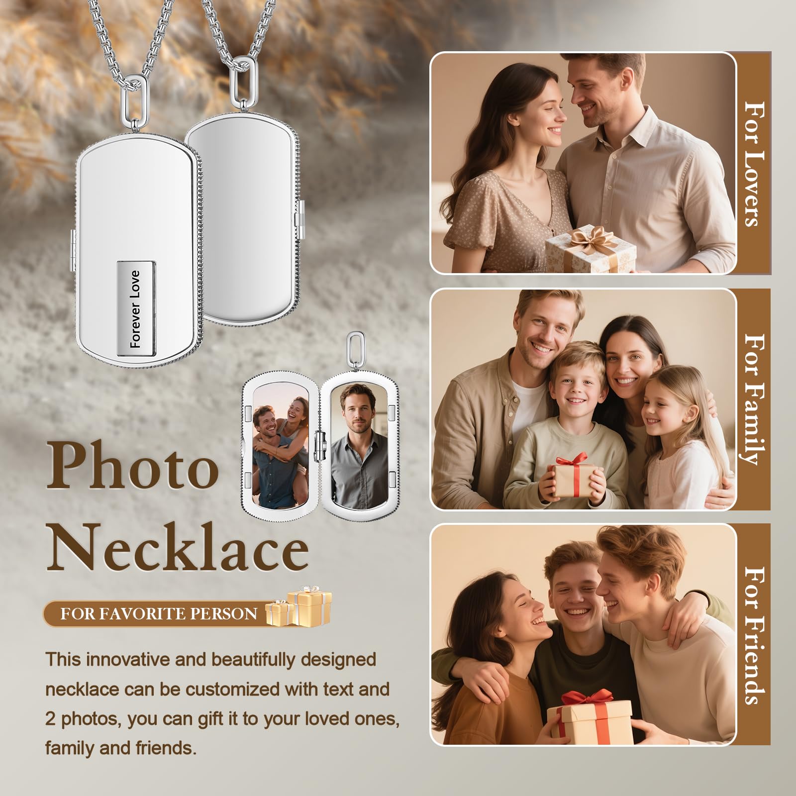 kaululu Collier Photo Personnalisé pour Homme Pendentif Médaillon en Acier Inoxydable avec Texte pour Papa Cadeau pour Fête des Pères