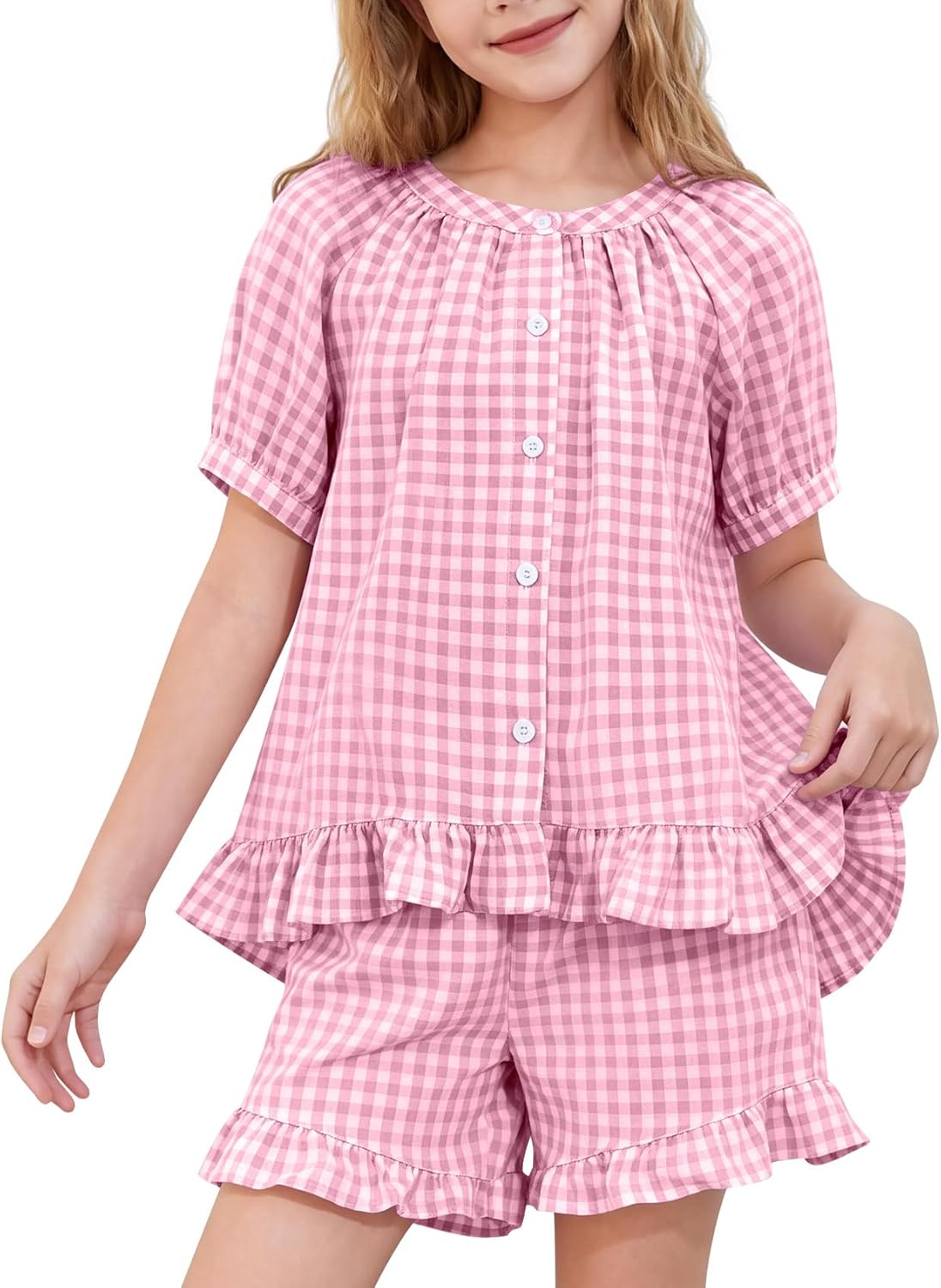 Kissonic Girls Gingham 2 Piece Outfits Cotton Lounge Sets Cute Ruffle Peplum Shirt Shorts 5-14 Years