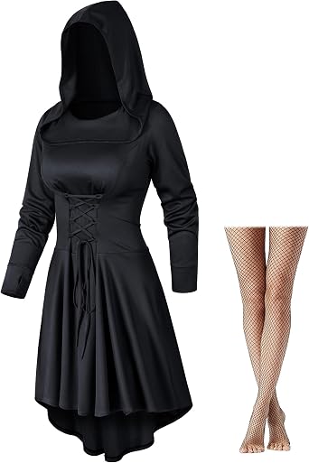 Womens Base Vintage High Low Pullover Medieval Hooded Robe Cloak Dress Costumes Cosplay Net Leggings Set