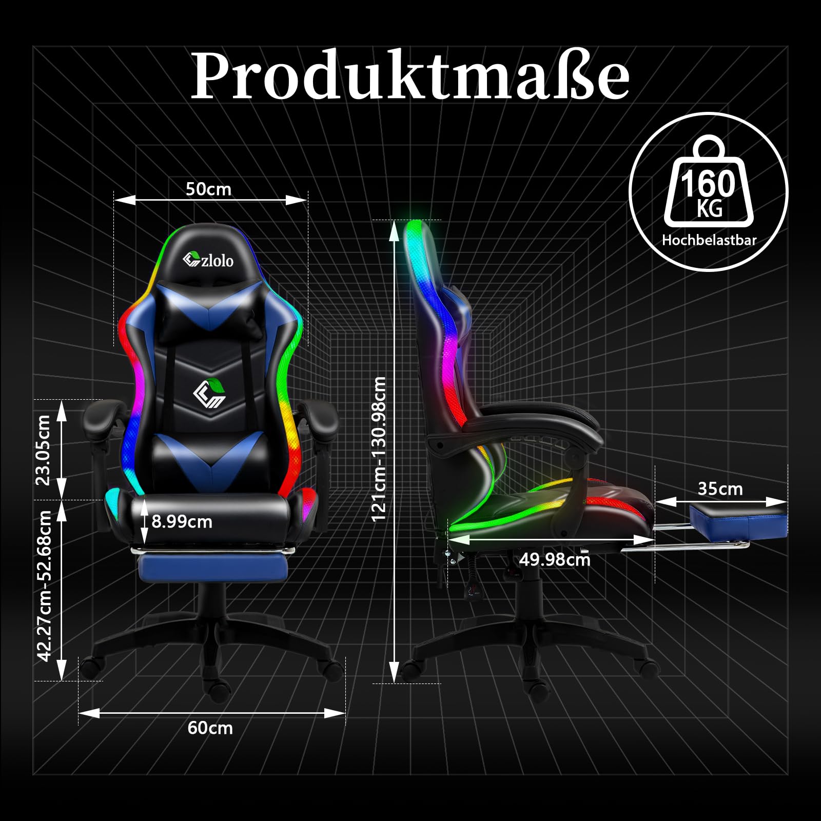 Czlolo Silla Gaming con Masajeador y LED, Silla de Estilo Racing Ergonómica Reclinable con Reposapiés y Cervical,Reposabrazos Acolchados, Ruedas 360°, para Adultos y niños,Azul