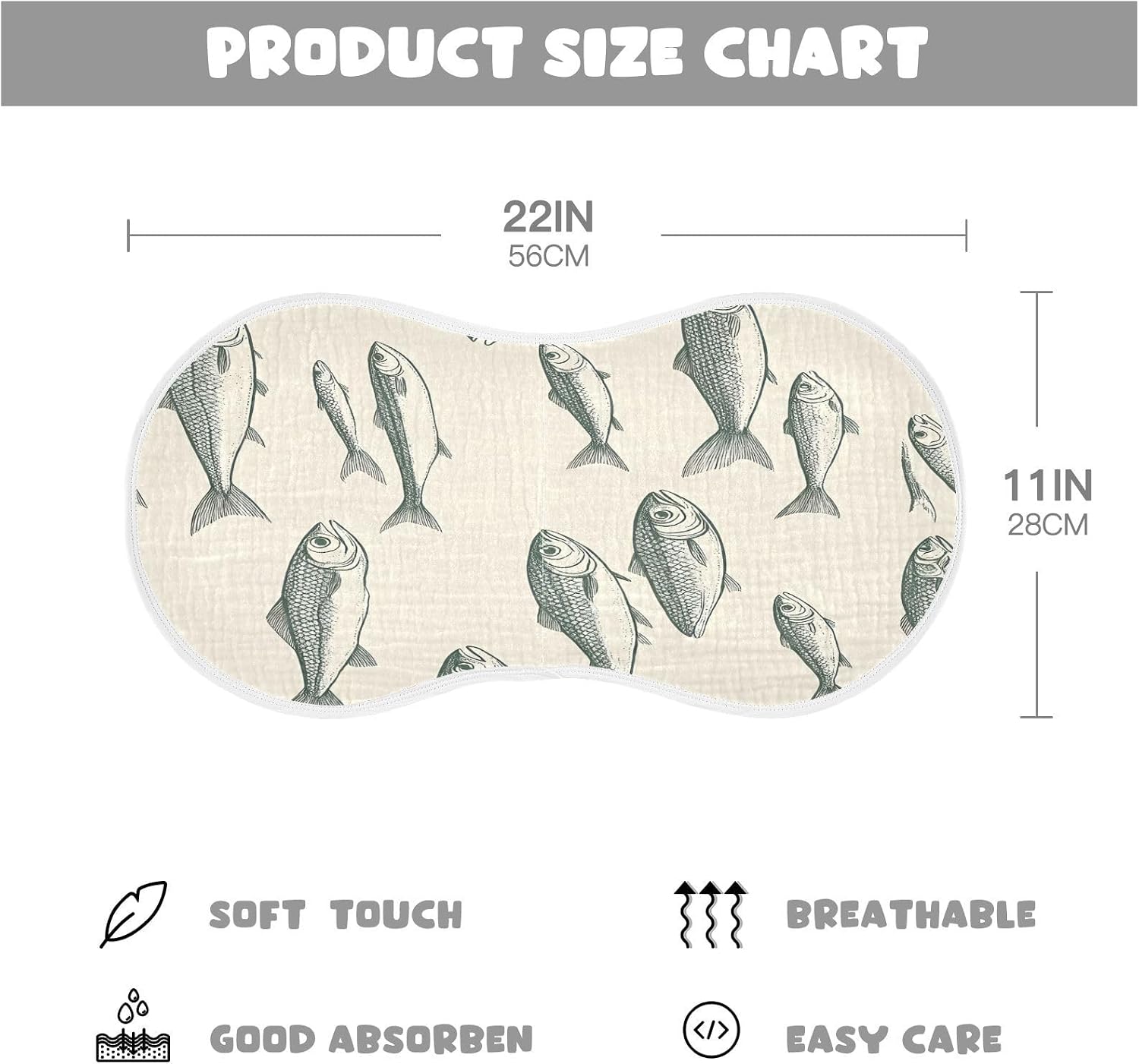 Muslin Baby Burp Cloths Set of 2 -Fish Super Absorbent Cotton Burping Rags Soft Baby Washcloths for Newborn Boys Girls, 11 x 22 Inch