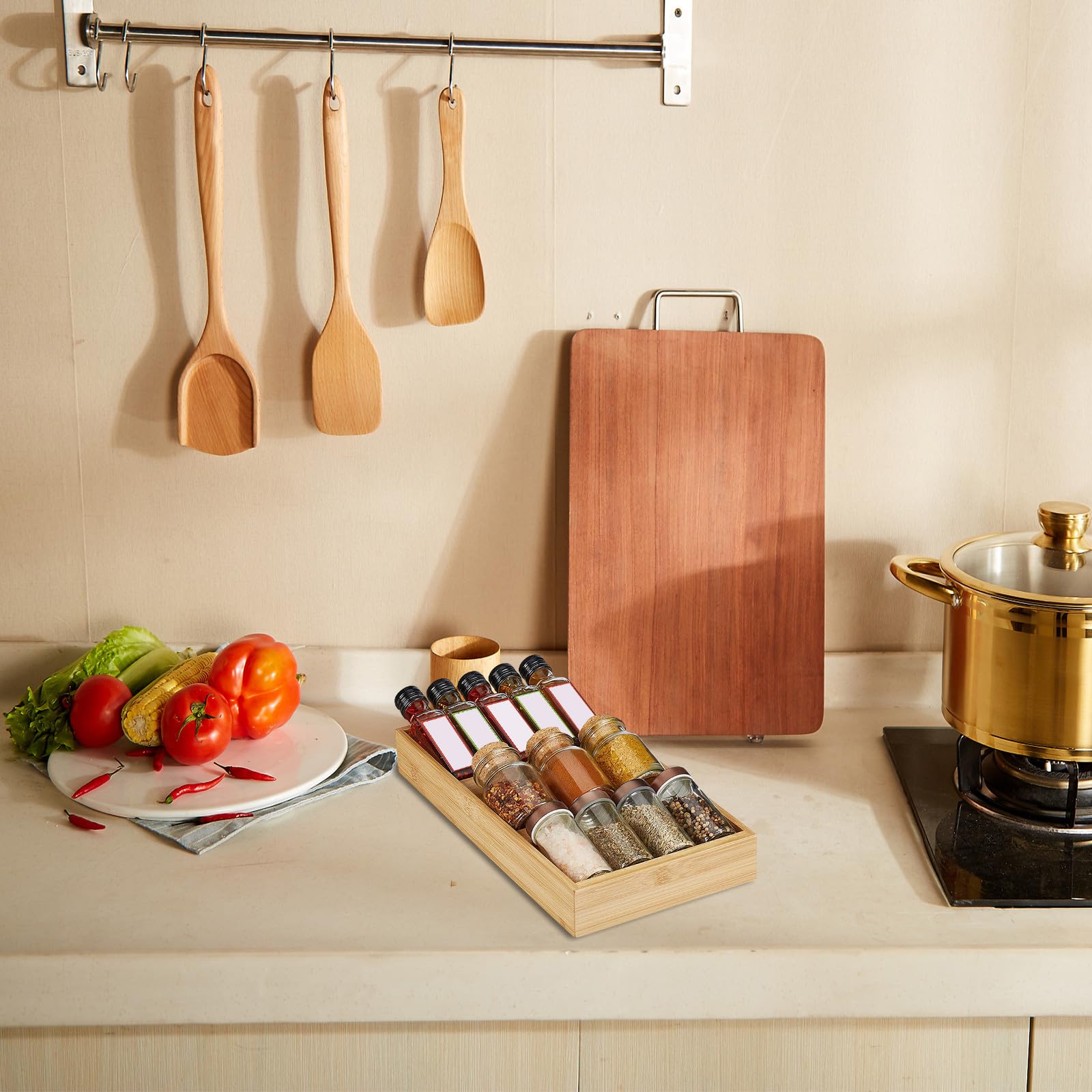 Beavorty Estante de Especias de Bambú de 3 Niveles para Encimeras, Organizador de Condimentos y Recipientes, Almacenamiento de Cocina Versátil y Compacto para Tarros de Especias