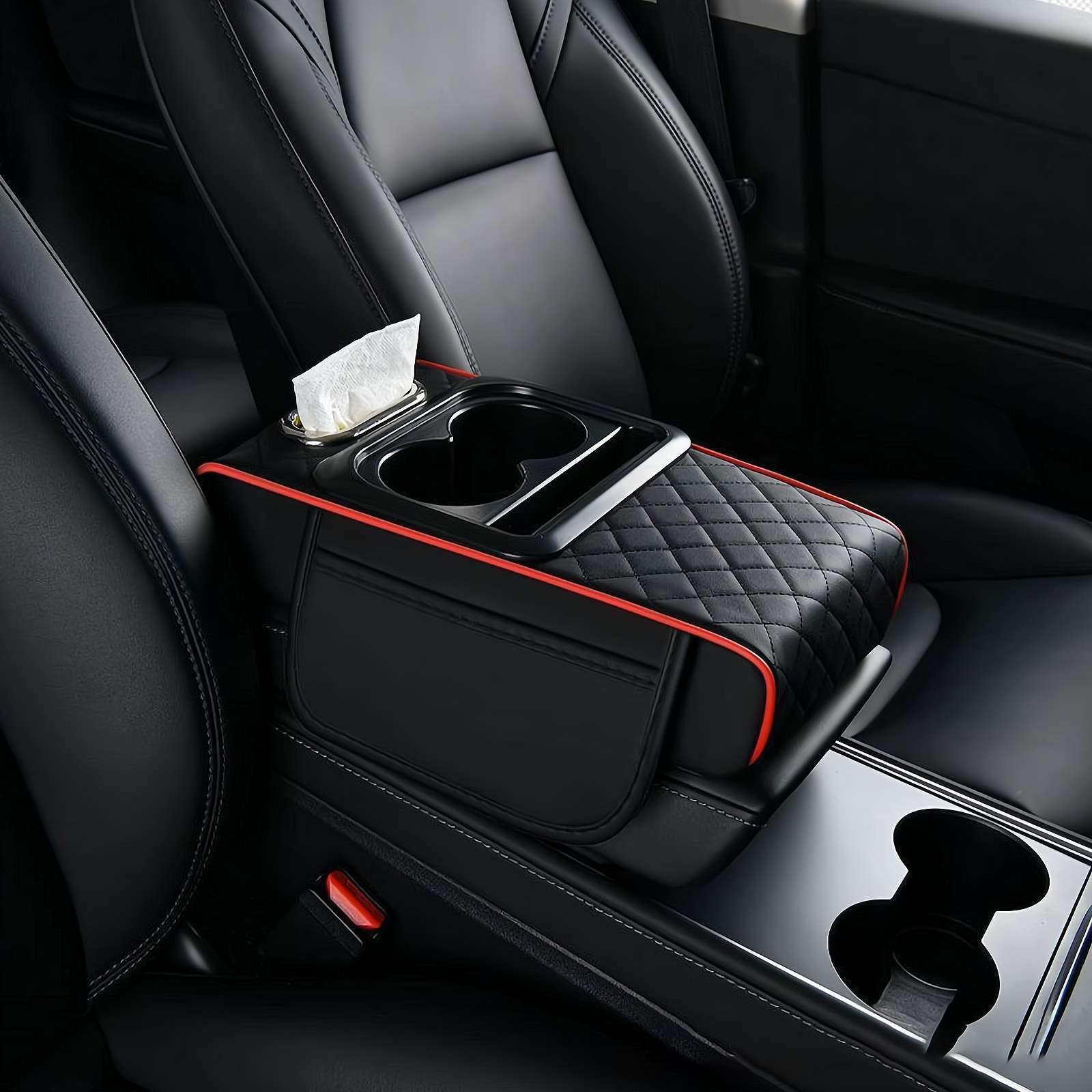Tapis d'accoudoir de voiture multifonction en cuir synthétique, housse 5 en 1 pour console centrale, avec 2 sacs de rangement, porte-gobelet, fente pour boîte à mouchoirs, fente pour téléphone