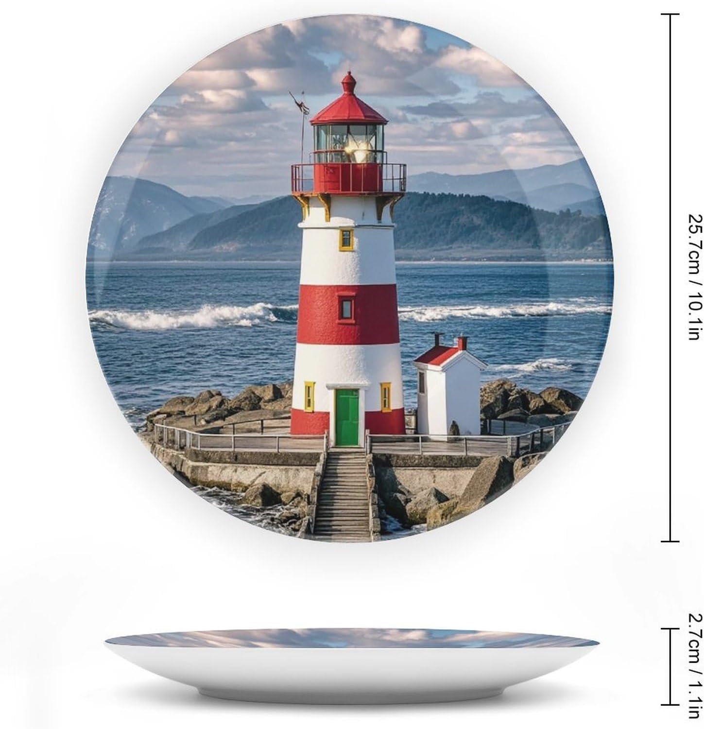 Santa Claus Lighthouse Decorative Ceramic Plate Round Porcelain Plate Decor Personalized Bone China Decorative Plates Ceramic Ornaments Dessert Plates with Display Stand 10inch