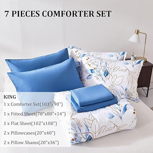 Miniatura 7 de WONGS BEDDING 7 Piezas de Ropa de Cama Floral Azul en una Bolsa, Tamaño King, Juego de Edredón Botánico Reversible con Hojas Azules y Dorada, Juego