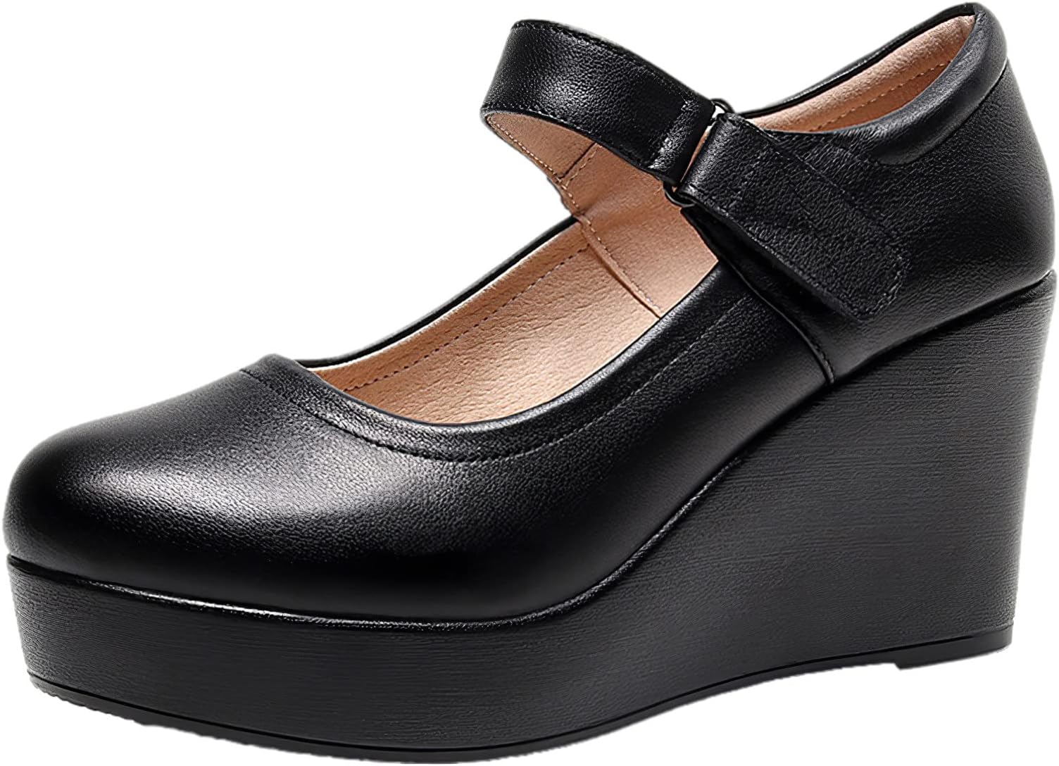 ANUFER Women's High Platform Wedge Heel Mary Jane Shoes Hook&Loop Ankle Strap Leather Pumps