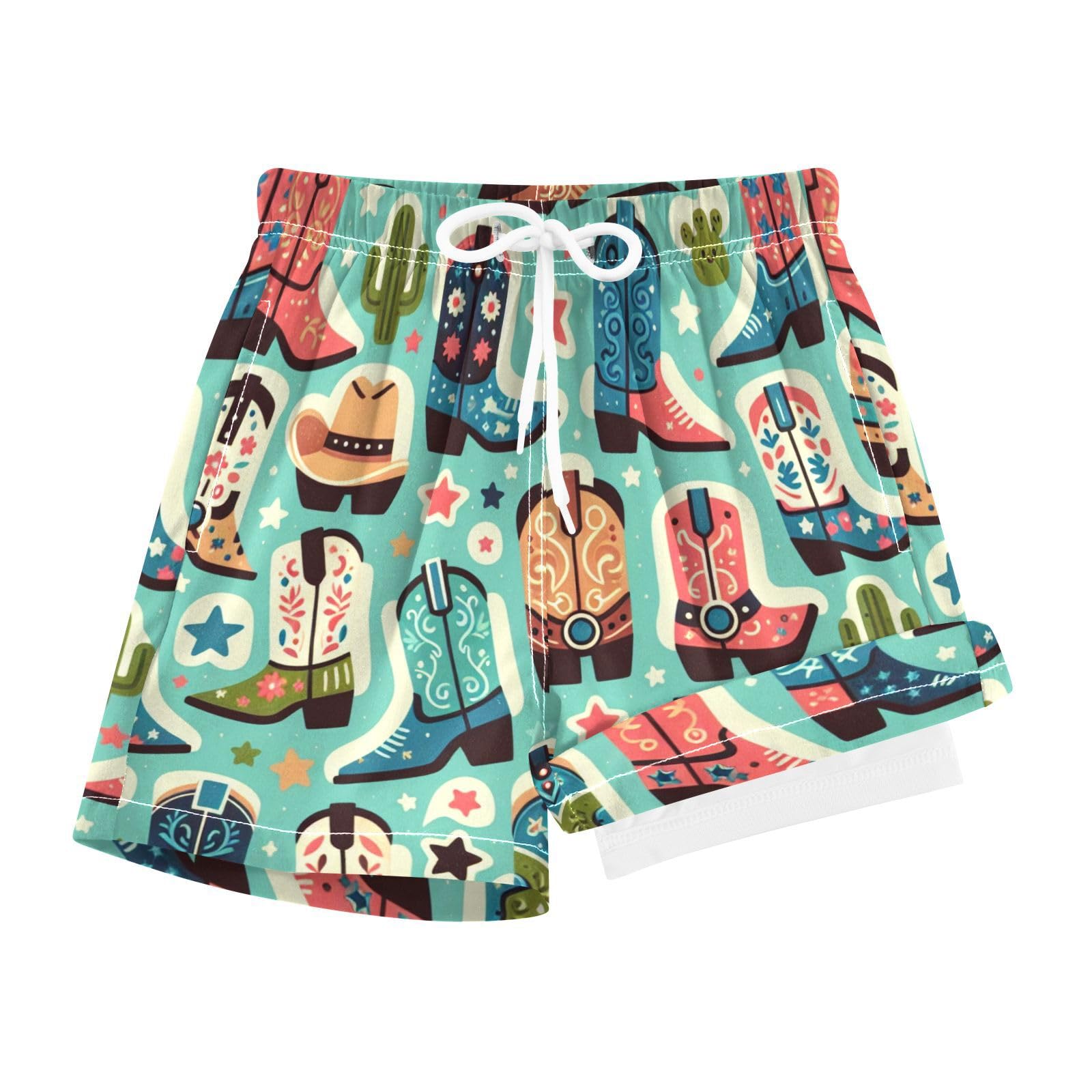 YANENDIE Boy Swim Trunks with Compression Liner Cute Boot Cowboy Boys Swim Shorts Quick Dry Beach Shorts
