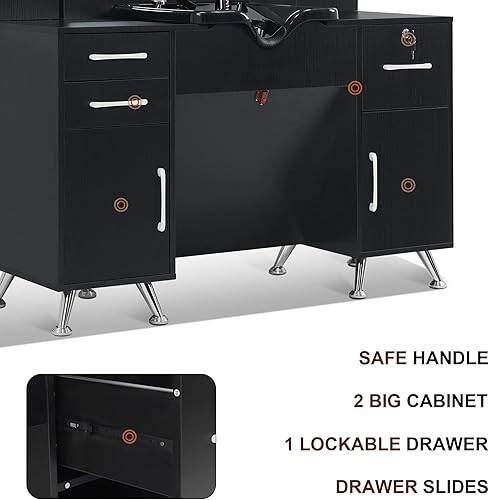 Miniatura 7 de BarberPub Armario de cuenco de champú con retrolavado, estación de montaje en pared con espejo, armario de almacenamiento con cajones y estante de