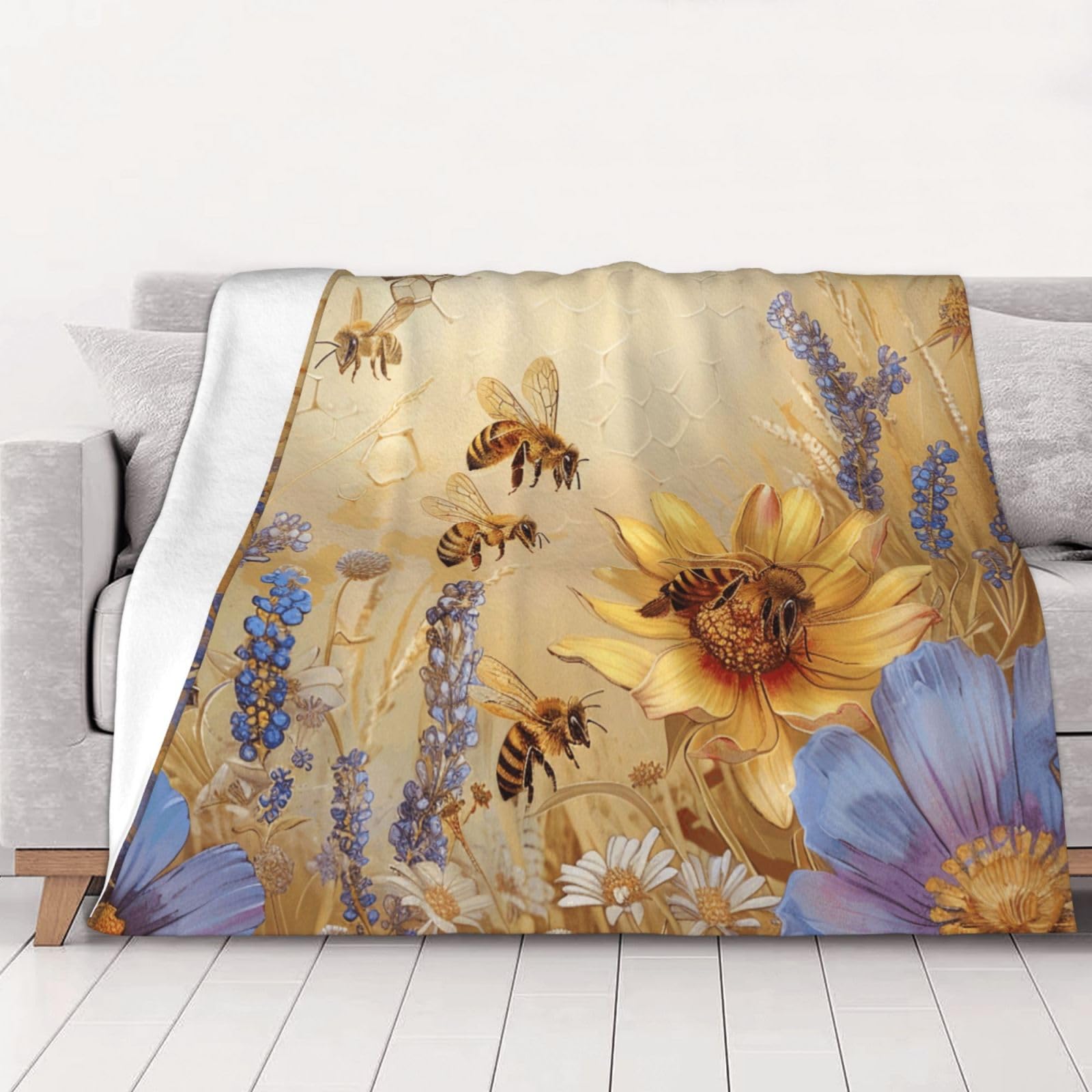 AUBKFELD Rural Honey Bees Wildflowers Printed Flannel Blanket 125x100 CM, Soft & Warm Throw Blanket for Sofa/Couch/Bed/Car, Gifts for Audlts Women Men
