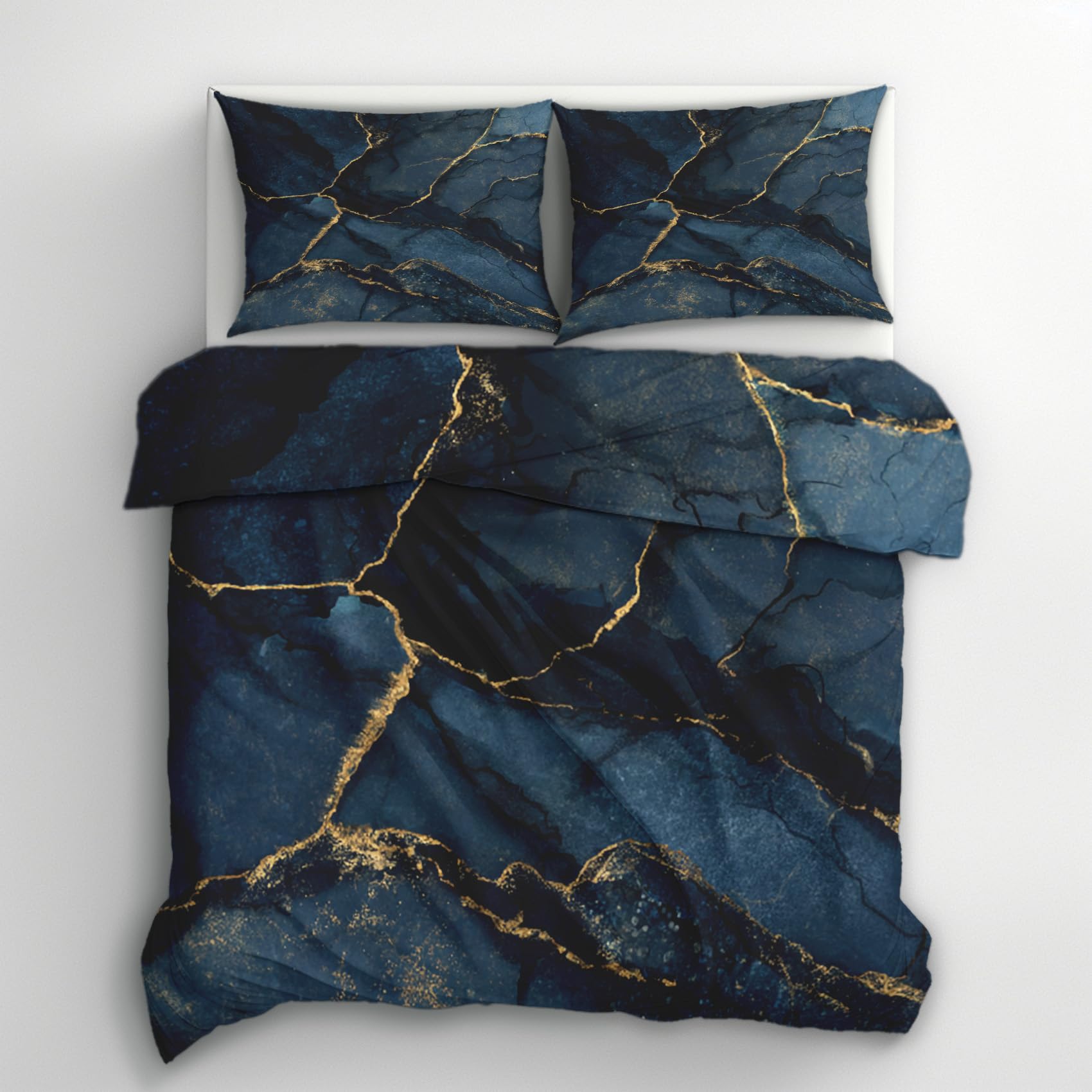 Generisch Bettwäsche 200x200, Marmor Bettbezug mit 2 Kissenbezug 80x80, 3tlg Schlafzimmer Deko, Dunkelblau Modern Abstrakt Muster Weiche Mikrofaser Deckenbezug, Reißverschluss A590C