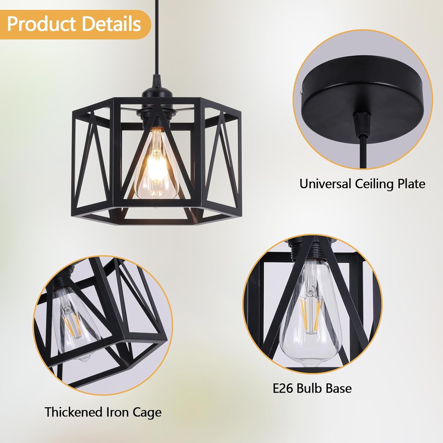 Farmhouse Pendant Lights, Modern Black Hanging Light Fixture with Hexagonal Cage, Industrial Metal Ceiling Lights, Adjustable Lantern Pendant Lighting for Kitchen Island