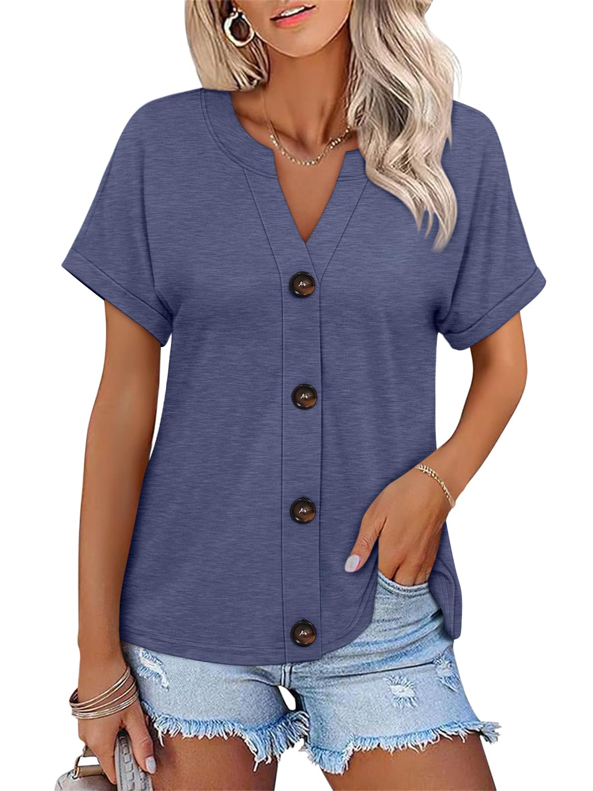 TICTICMISS Womens Button Down Shirts Short Sleeve Summer V Neck T Shirts