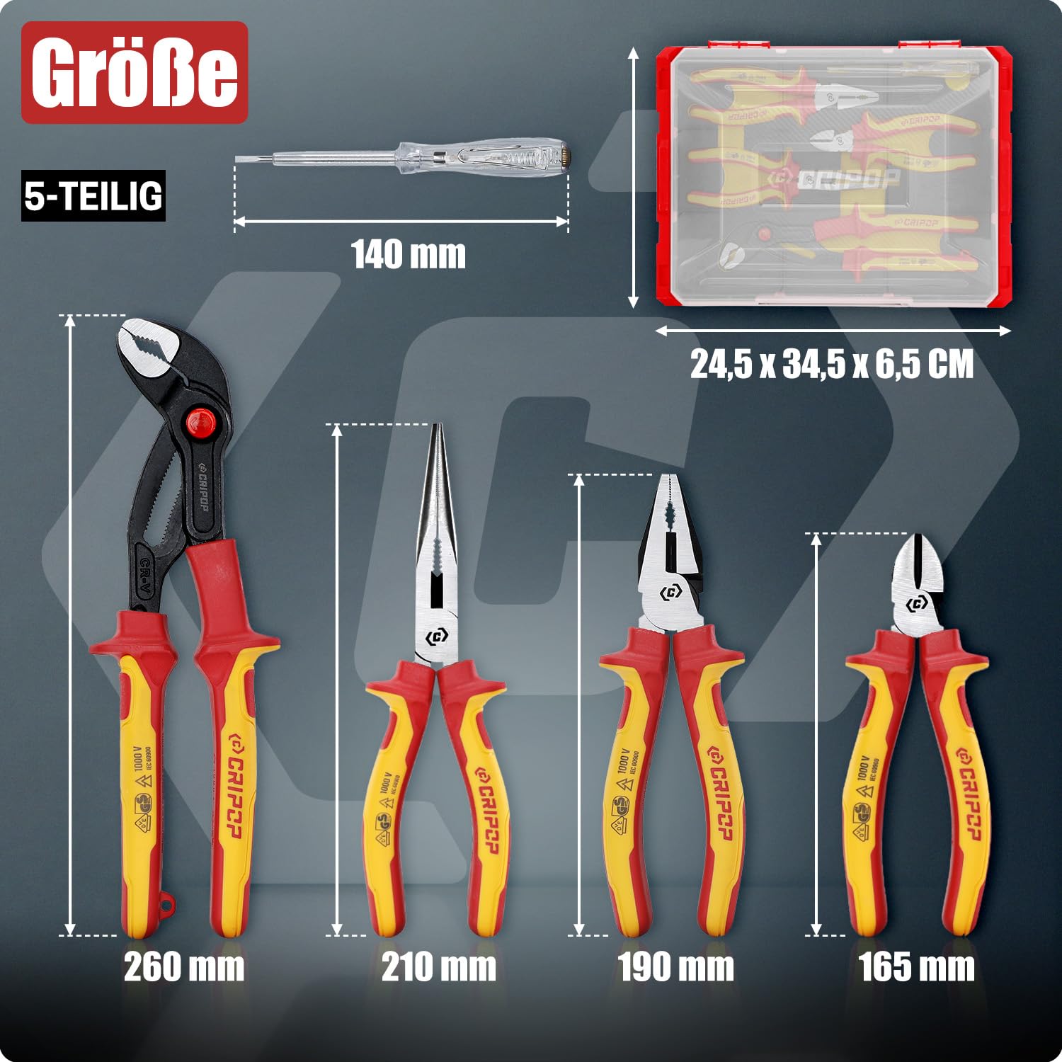 4 tlg 1000V VDE-isolierter Elektro-Zangensatz, inkl. 190mm Kombizange, 165mm Seitenschneider, 210mm Langnase, 260mm Wasserpumpenzange & Spannungsprüfer mit Aufbewahrungsbox für Profis