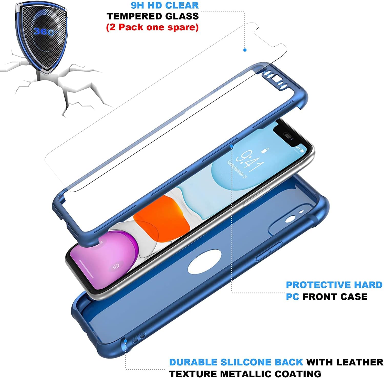  for iPhone 11 Case, with[2 x Tempered Glass Screen Protector] [10 Ft Military Grade Drop Test] [Camera Protection] 360° Full Body Shockproof Protection Rubber Silicone for iPhone 11 6.1"-Blue thumbnail