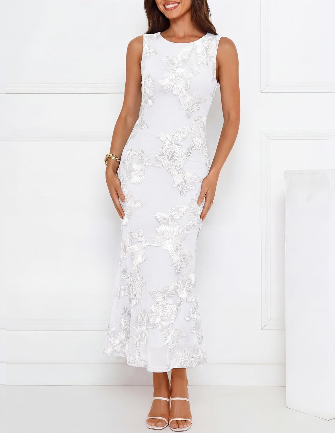 ZESICA Womens 2026 Summer Floral Wedding Guest Midi Dress Sleeveless Mesh Slit Bodycon Formal Cocktail Party Dresses