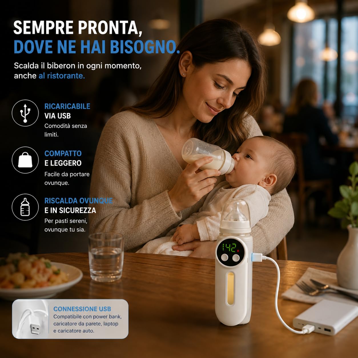 DE ROSA SHOP Scaldabiberon Portatile Senza Fili per Neonati, Batteria 8000mAh Ricaricabile USB, Schermo LCD, Temperatura Regolabile, Riscaldamento Silenzioso Universale per Viaggi Auto e Aereo