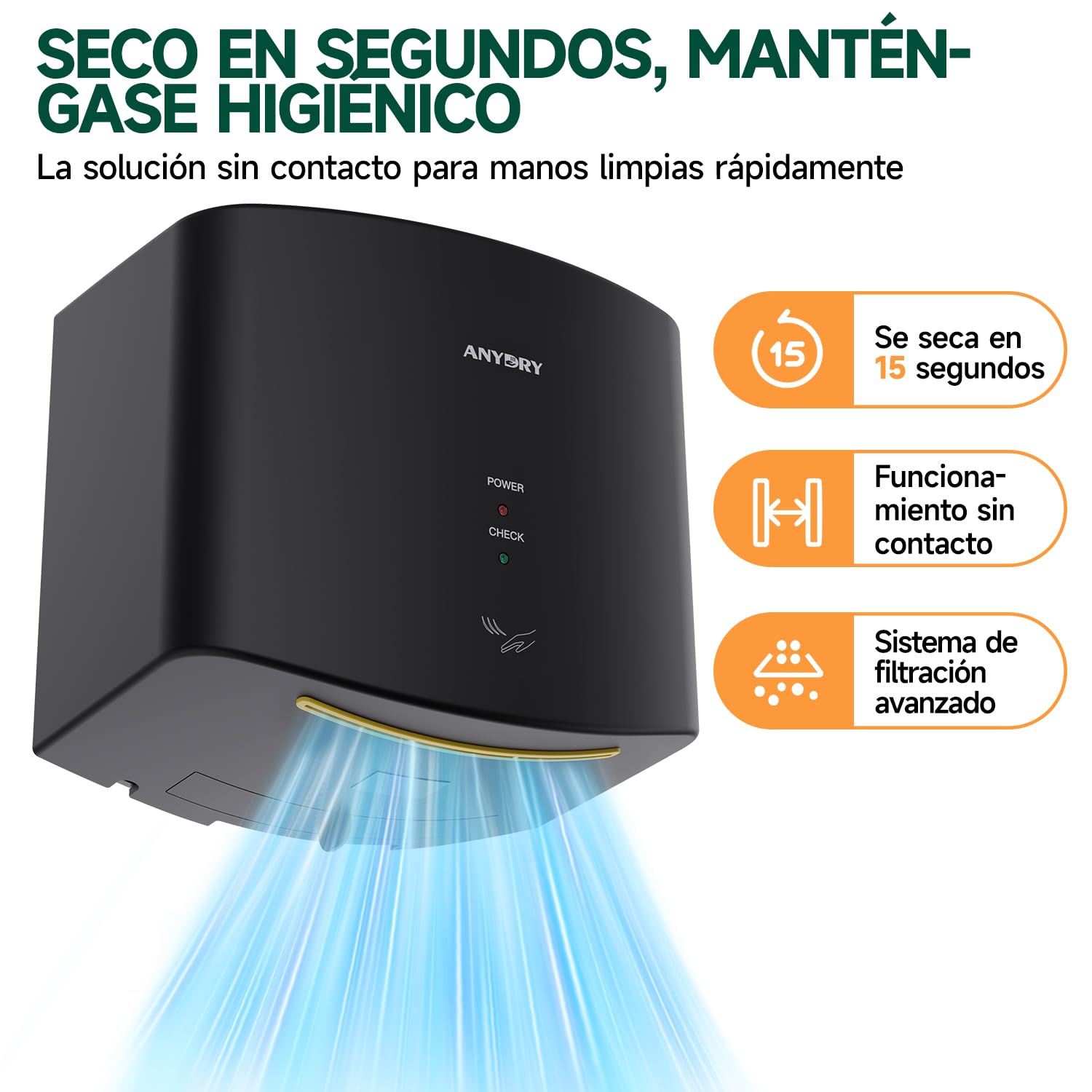 anydry 2630S Secador de Manos Compacto automático de Alta Velocidad,Comercial y hogar,Cubierta de ABS,1400-1650W,Negro