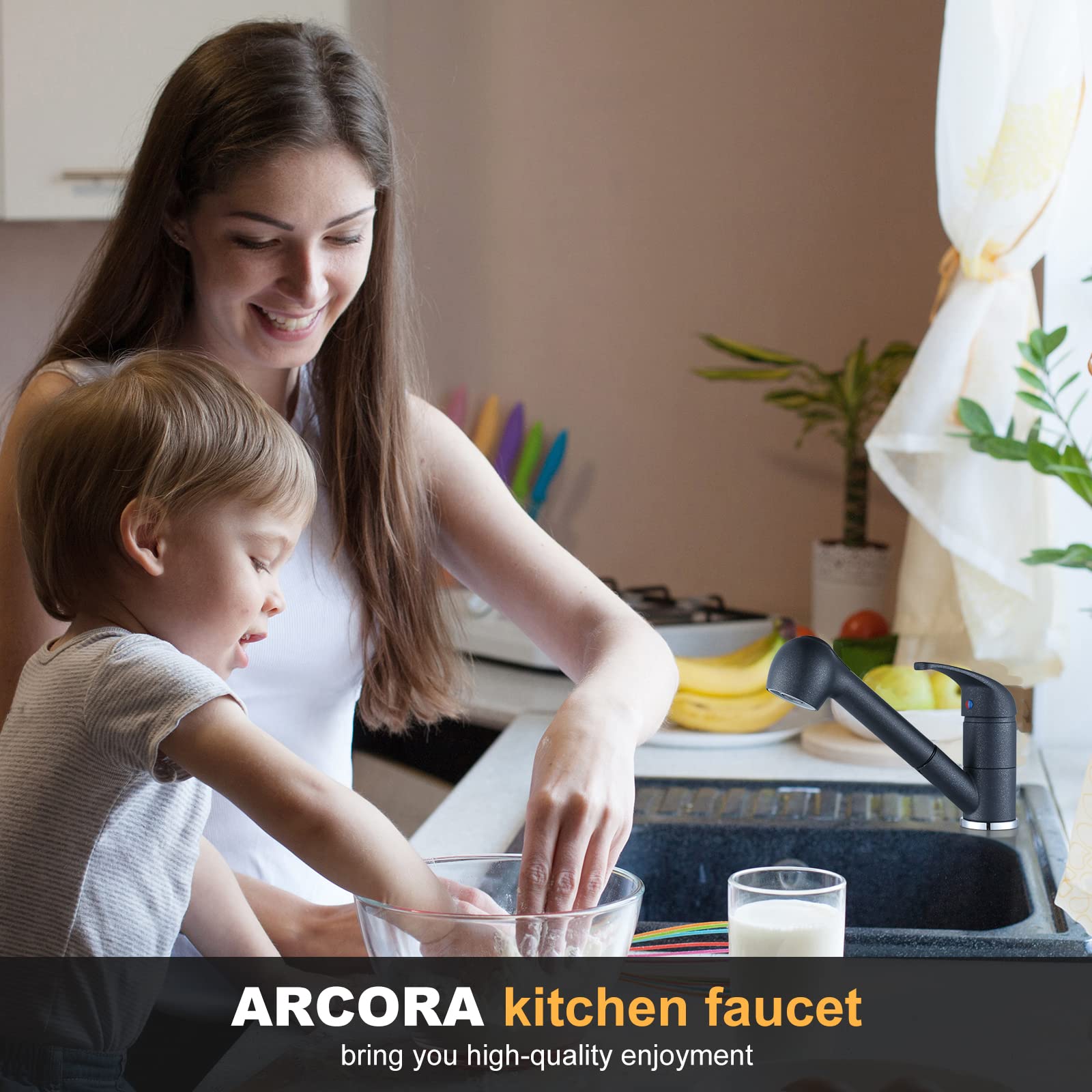 ARCORA Bateria kuchenna, czarna, wysokociśnieniowa bateria kuchenna, wysuwana, bateria mieszakowa do zlewozmywaka, metaliczna czarna