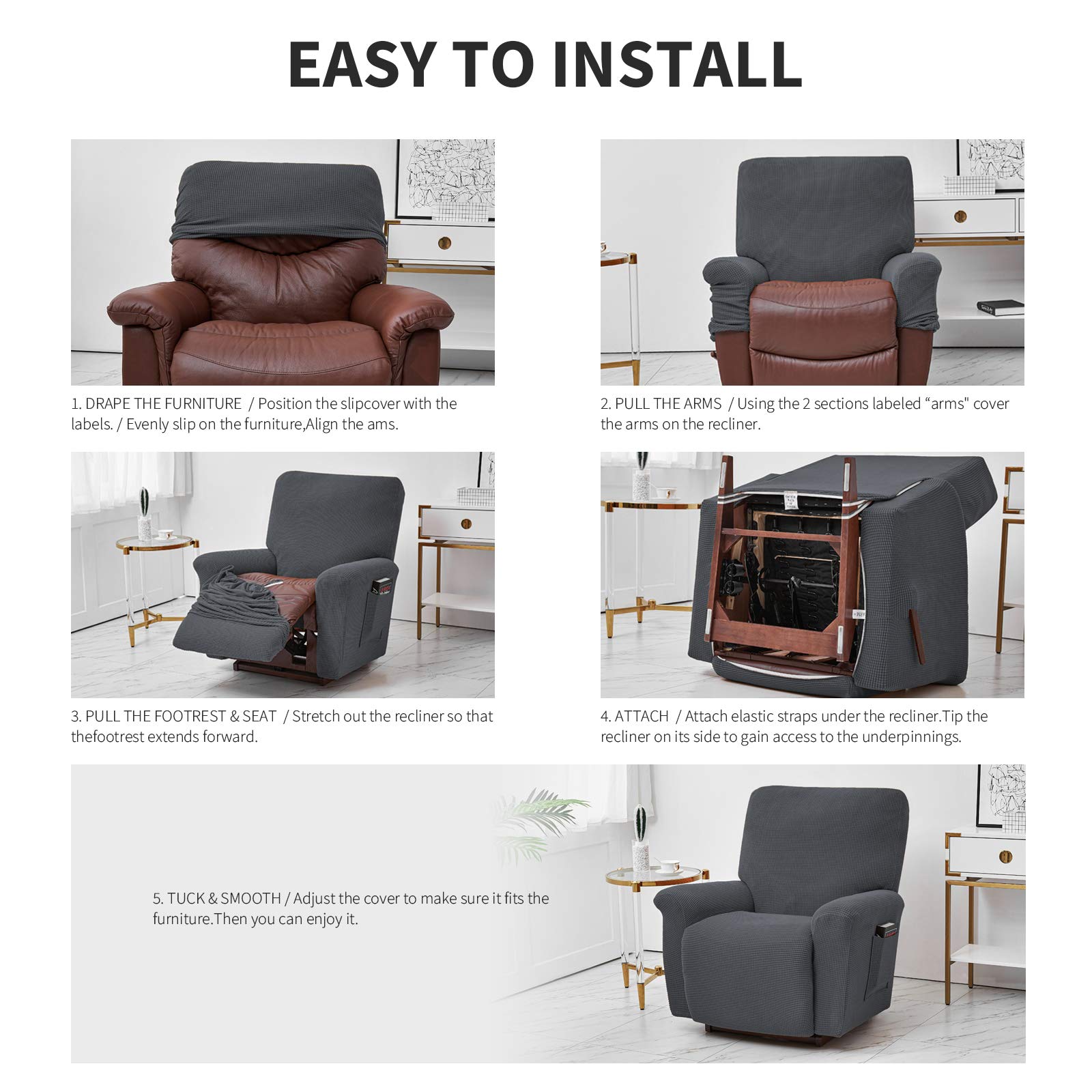 ELEOPTION Recliner Sofa Cover - Spandex Jacquard 4-Piece Recliner Cover, Stretch Cover for Lounger Relaxing Massage Chair (Dark Grey) - Image 4