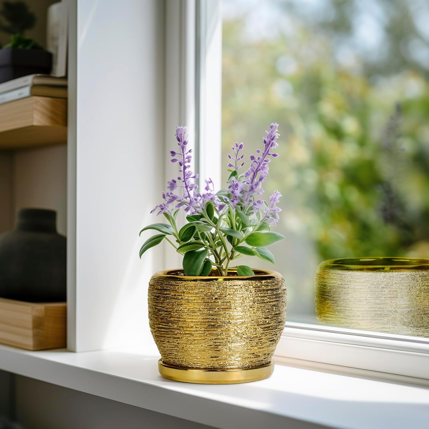 SQOWL Ceramic Planter - 6 Inch Plant Pot Indoor Outdoor, Modern Round Planter with Drainage Hole and Plant Saucer, Decorative Small Flower Pot, Home Decor, Birthday Gifts, Gold image 2