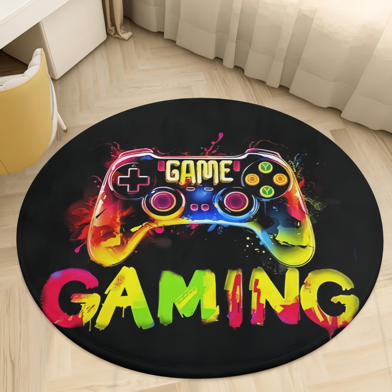 Gaming Teppich für Jungenzimmer, Neon Gamepad Graffiti Aquarell Design, Weich und rutschfest, Perfekt für Kinderzimmer, Gamer Schlafzimmer Accessoires Runder Teppich (Gelb,160CM)