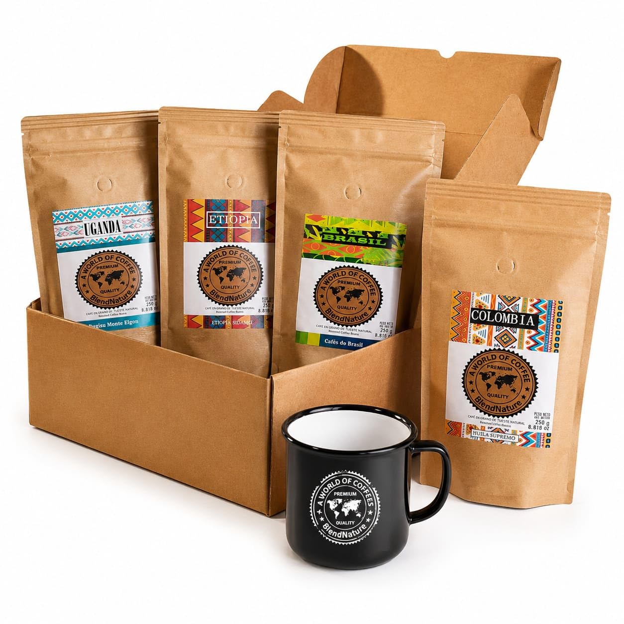 Café pack 4 x 250g en Grano - Seleccion mejores Cafes del mundo Arabicas +Brasil Colombia Etiopia y Tanzania + Caja regalo + Taza vintage - Maxima calidad avalada por la SCA