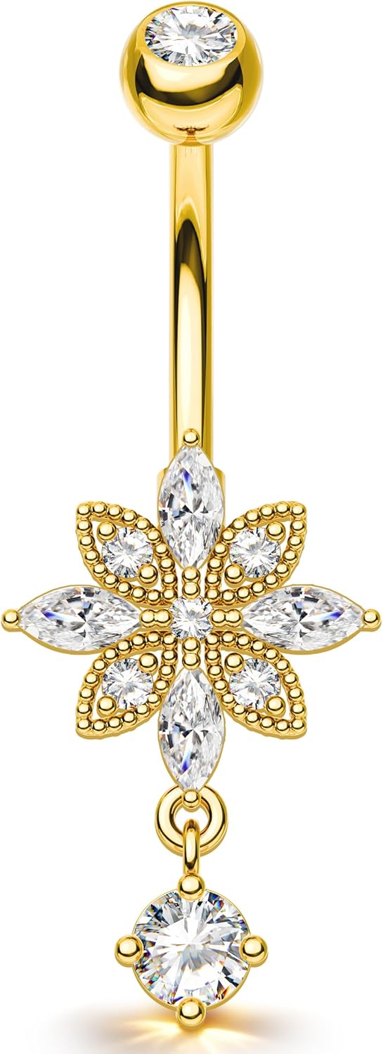 Petal Wheel Belly Button Ring 14G 10MM Dangle Navel Rings for Women Stainless Steel Belly Button Piercing