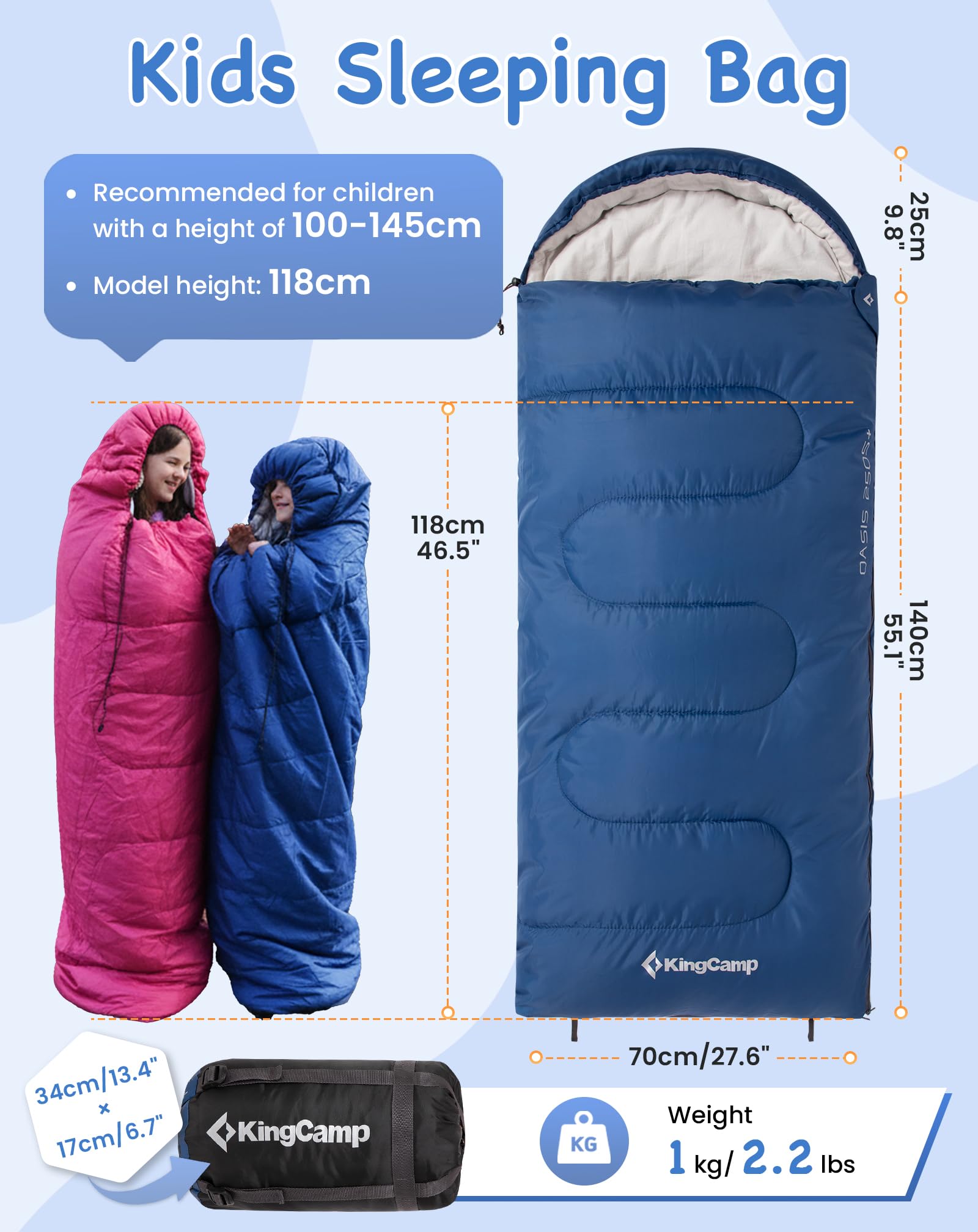 KingCamp Saco de Dormir Oasis 3-4 Estaciones Impermeable y Ligero para Camping (Niños y Adultos) - Conectable Izquierda/Derecha para Saco Doble, Ideal para Viajes y Actividades al Aire Libre - 3