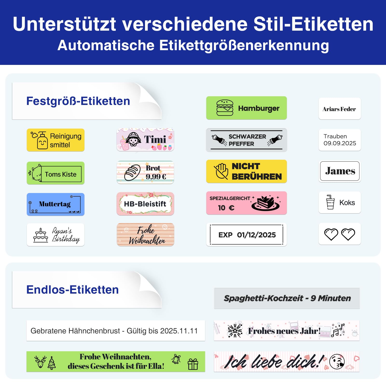 SUPVAN E11 Etikettendrucker mit 4 Rollen (2 Feste Größe & 2 endlos) & Aufbewahrungstasche