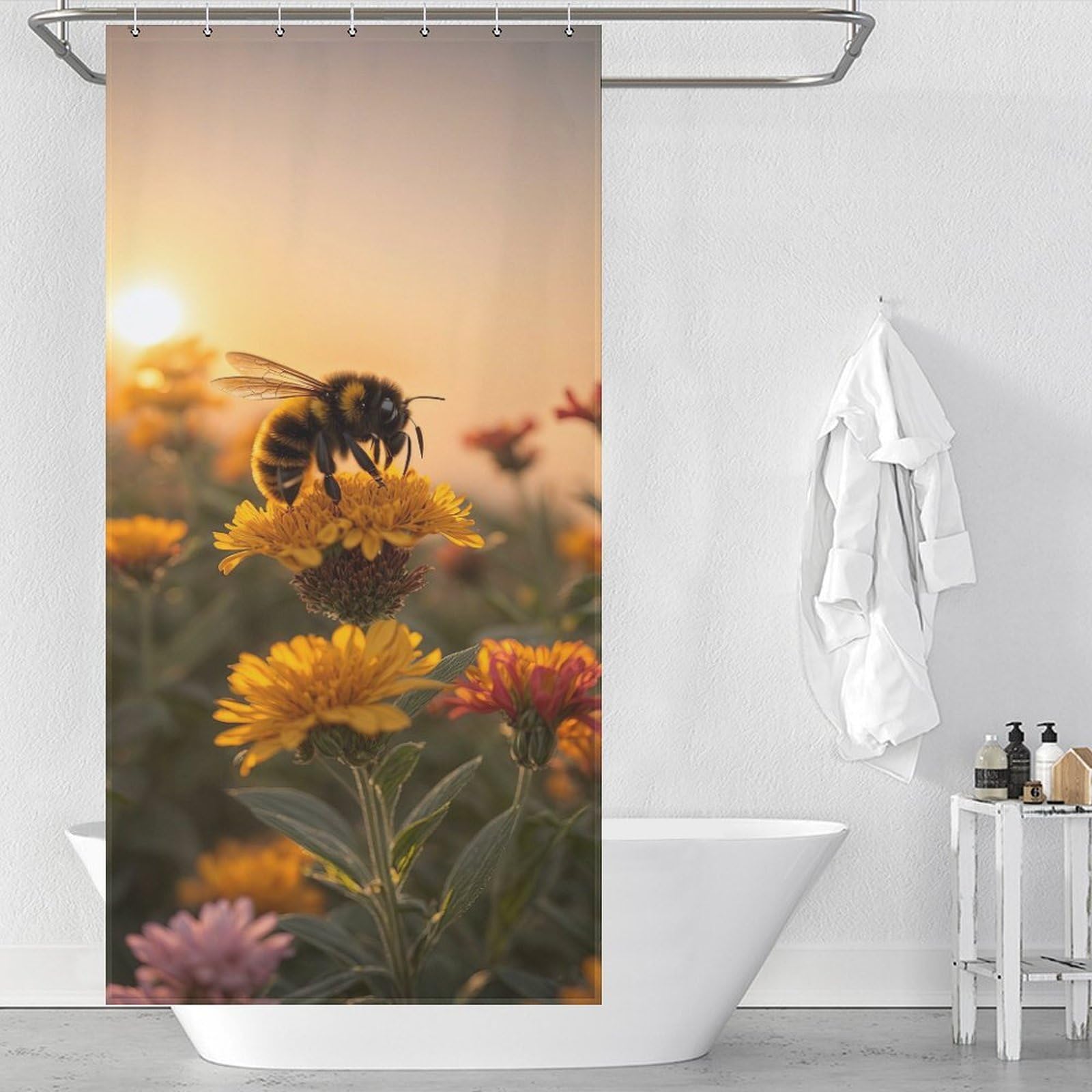 Rideau de douche abeille mignonne en tissu polyester imperméable lavable 92x183cm
