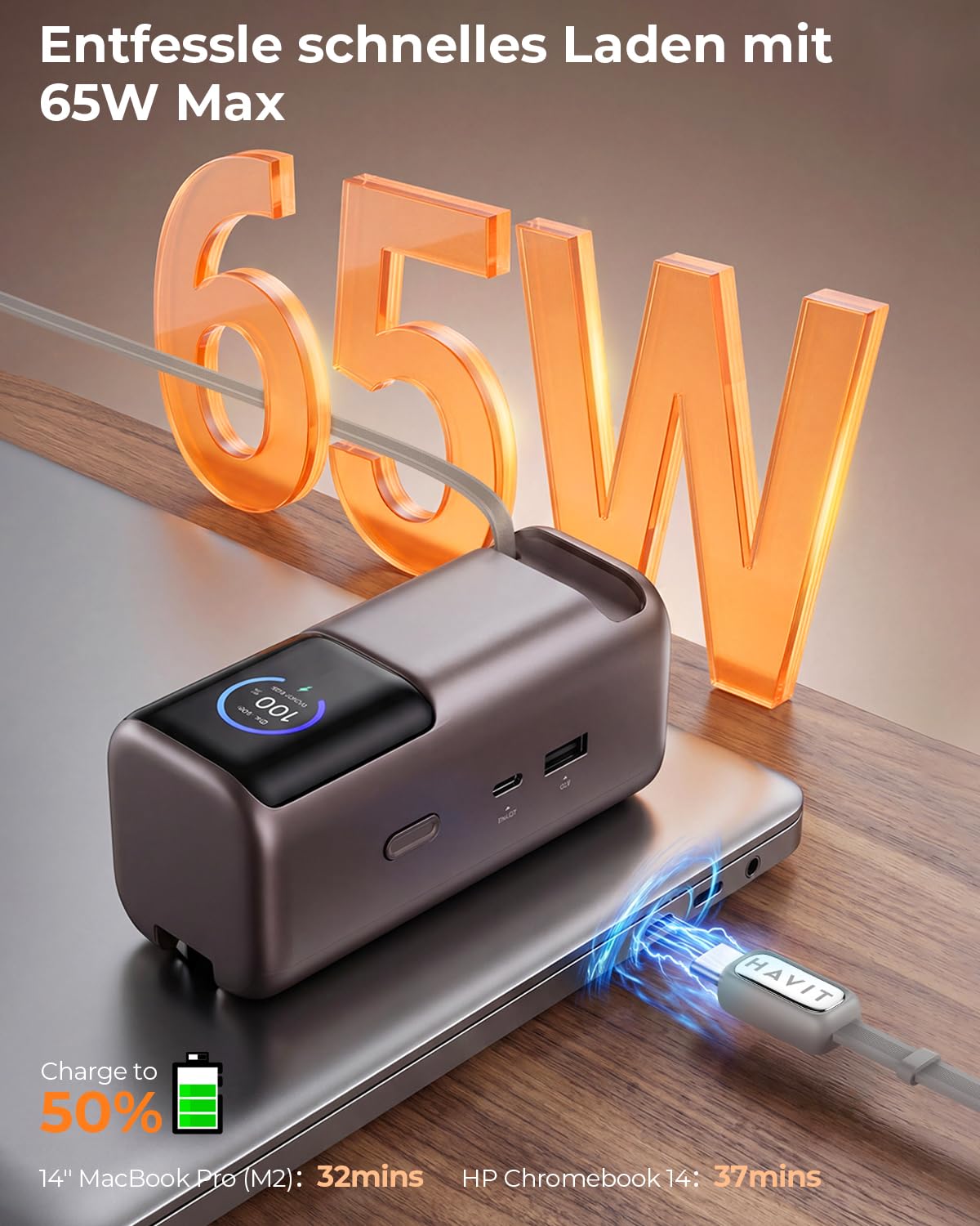 Havit Batería externa de 10000 mAh, carga rápida de 65 W, cable retráctil de 65 cm, compatible con iPhone 17/16/15 Series, Galaxy S25 Ultra, MacBook, Dell Laptop and More