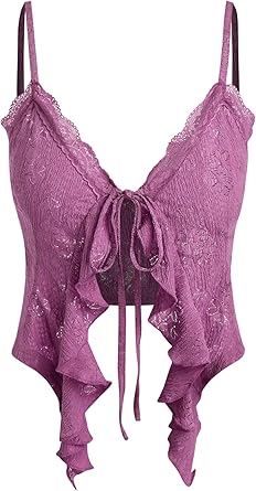 CIDER Going Out Tops for Women Y2K Tie Front Asymmetrical Ruffle Hem Lace Spaghetti Strap Cowgirl Crop Tops