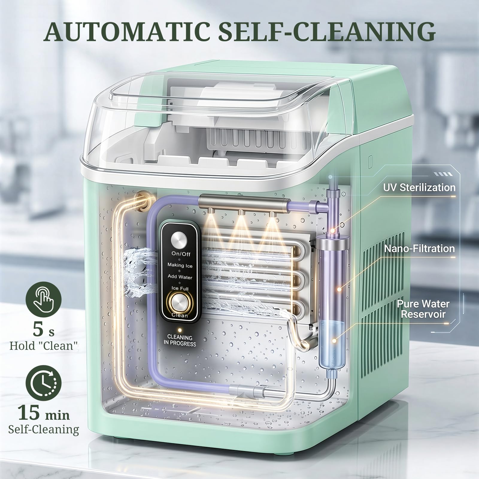 Nugget Ice Maker Countertop, 6-Min Fast Chewable Pellet Ice, 24lbs/24h Portable Ice Machine With Self-Cleaning, Ice Full & Low Water Indicator, Basket & Scoop For Home, Party, RV, Camping (Green) on Fridge.com - View 5