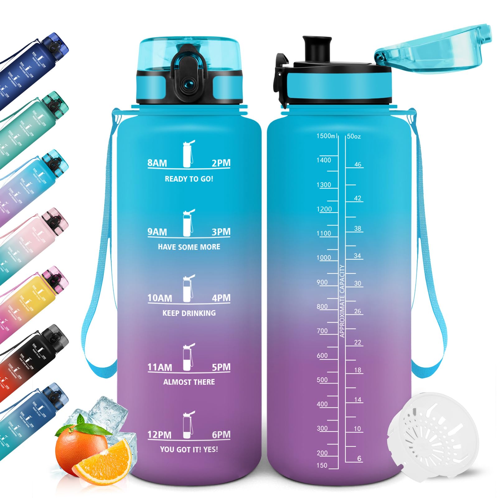 Borraccia, 1,5 Litri Prova di Perdite, Borraccia Palestra, Sportiva Tempo, Boraccia Motivazionale, con Filtro, Borracce, Bottiglia Acqua per Scuola, Campeggio, Yoga, Ufficio