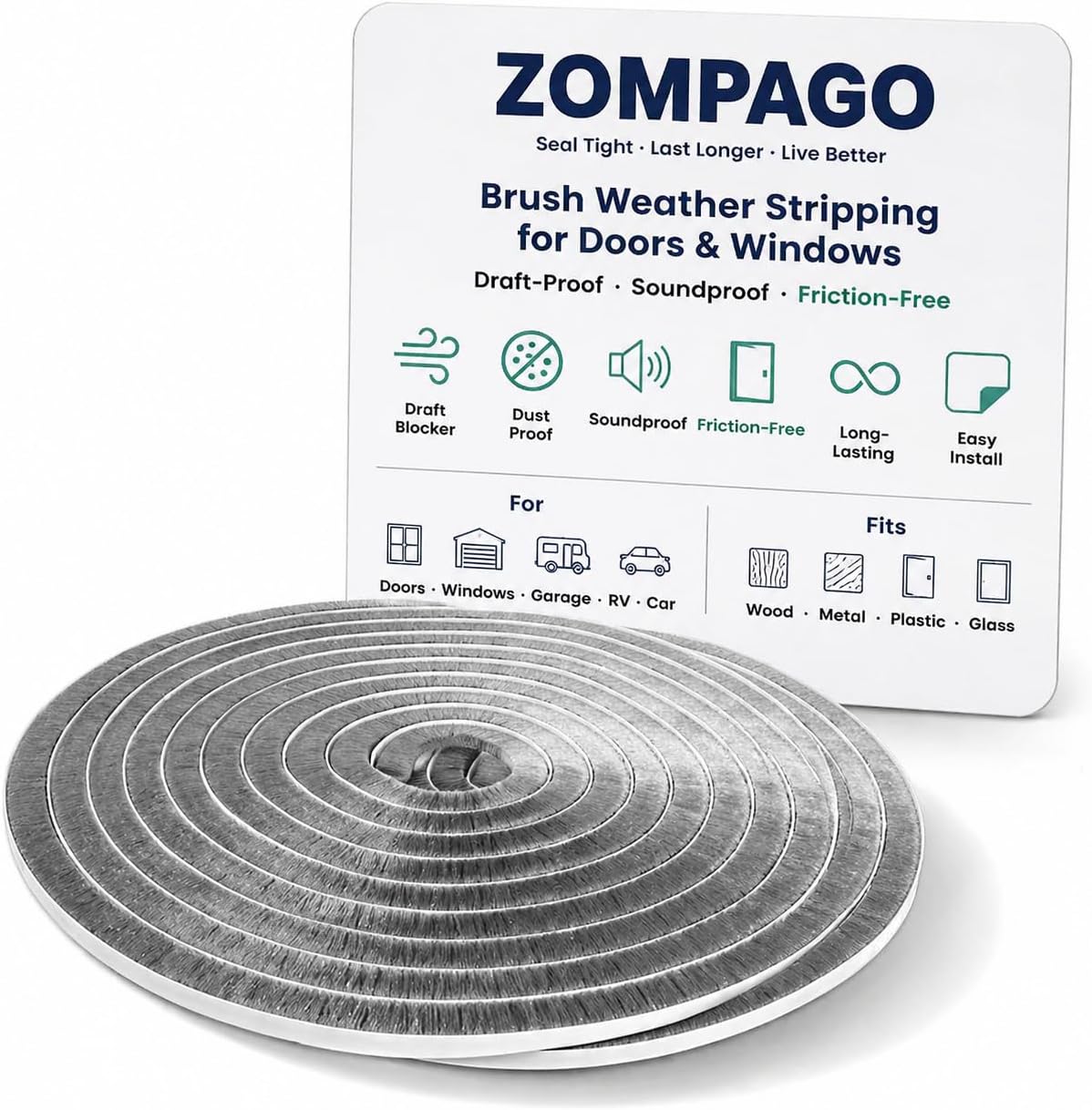 ZOMPAGO Strong Adhesive Brush Weather Stripping,0.4in Thick x 0.4in(W) x 66FT,Grey for Sliding Windows/Doors - Car Door Seal for Soundproofing,Dustproof,Winter Windproof & Warm,Waterproof,DIY Install