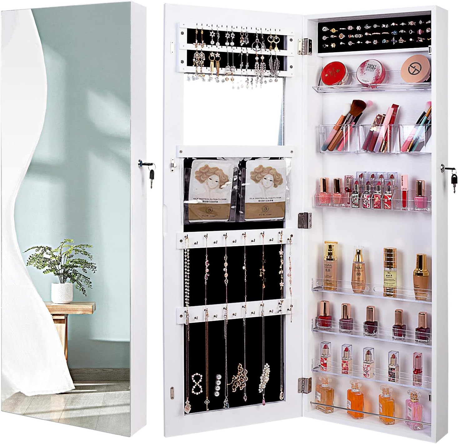QUANYOU 6 LED Lights Lockable Full Mirror Full Screen Jewelry Organizer Wall Mounted/Door Mounted/Jewelry Cabinet Jewelry Armoire with Mirror/Full Length Mirror Hanging Mirror 7025 (White) : Clothing, Shoes & Jewelry