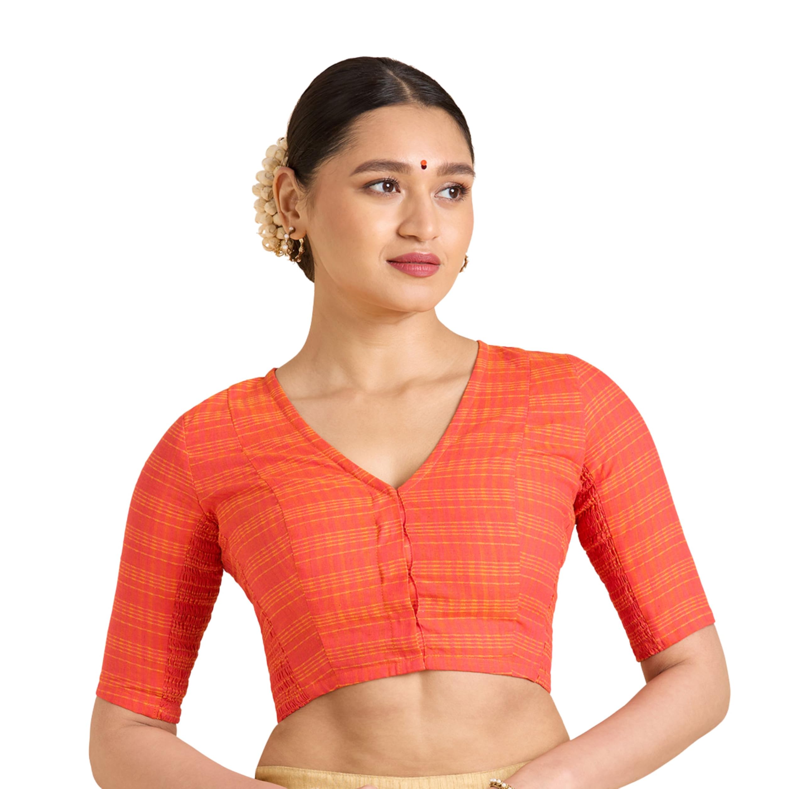 Studio Shringaar Women's Cotton Madras Checks Saree Blouse with Stretchable Sides(Orange, 42)