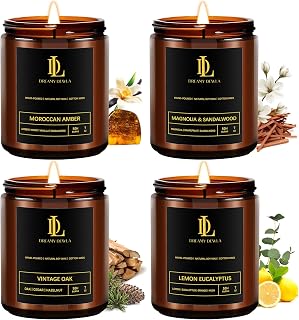 DL Dreamy Dewla Scented Soy Candles Set 4-Pack 28oz - Magnolia Sandalwood, Moroccan Amber, Lemon Eucalyptus, Vintage Oak Gifts for Men Women