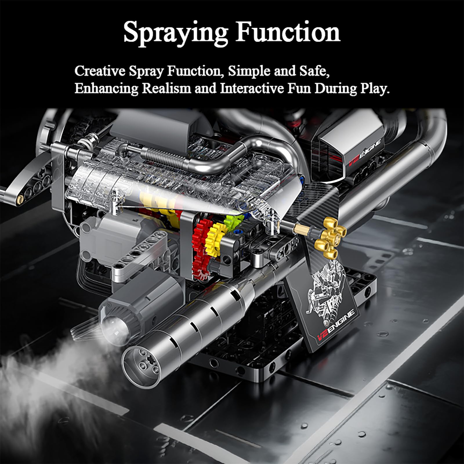 muuchuu Technik V2 Motor Bauset mit Licht Sound Sprühnebel Motor, Motorrad Motor Funktions-Bausteine-Set Erwachsene, DIY Hobby STEM Spielzeug Modell Geschenk für Kinder Jugendliche 14