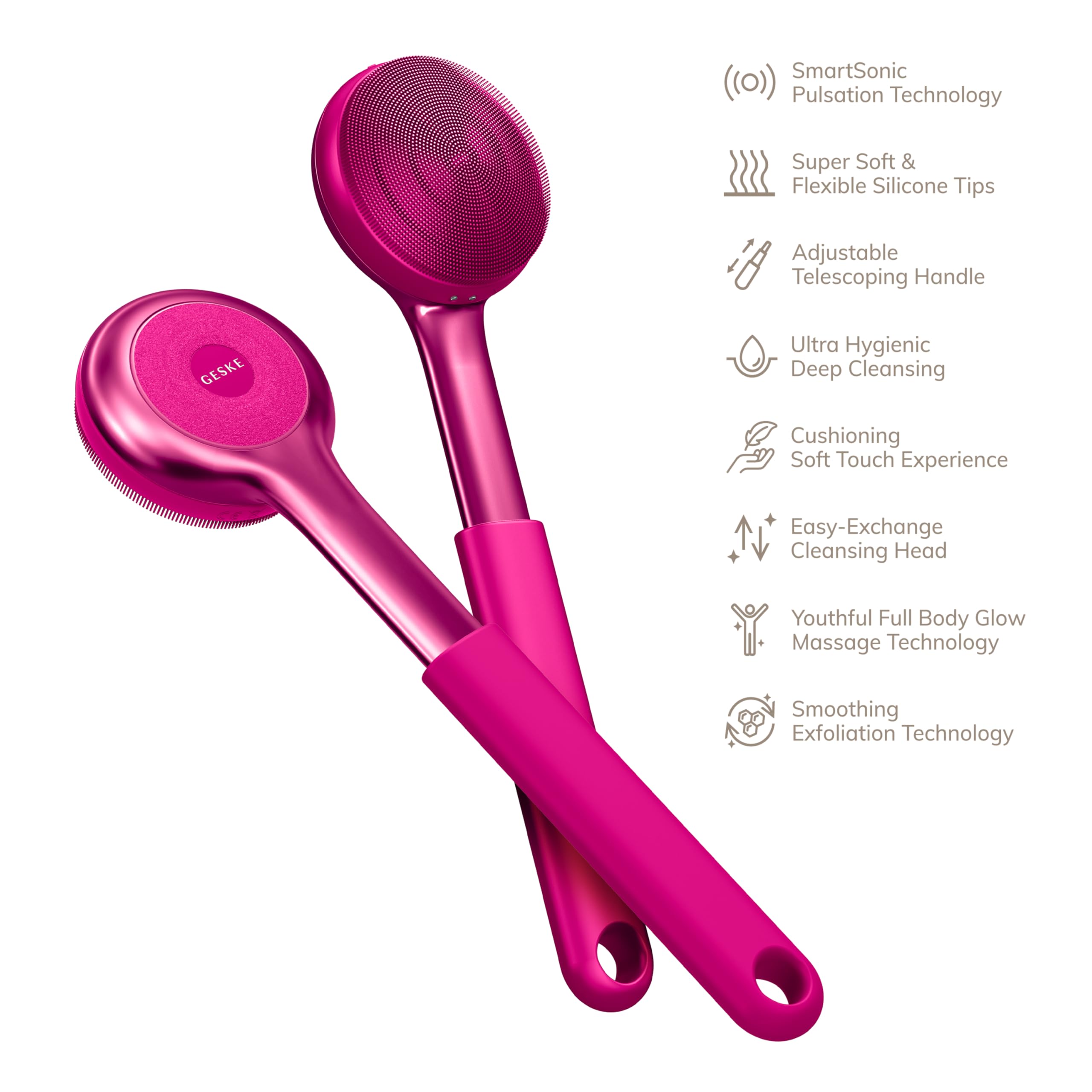 GESKE Sonic Full-Body Brush & Intensive Exfoliator | 8 in 1 | Elektrische Körperreinigungsbürste & Intensivpeeling | Tiefenreinigung | SmartSonic Pulsations | Weiche Silikonnoppen & Peeling-Aufsatz