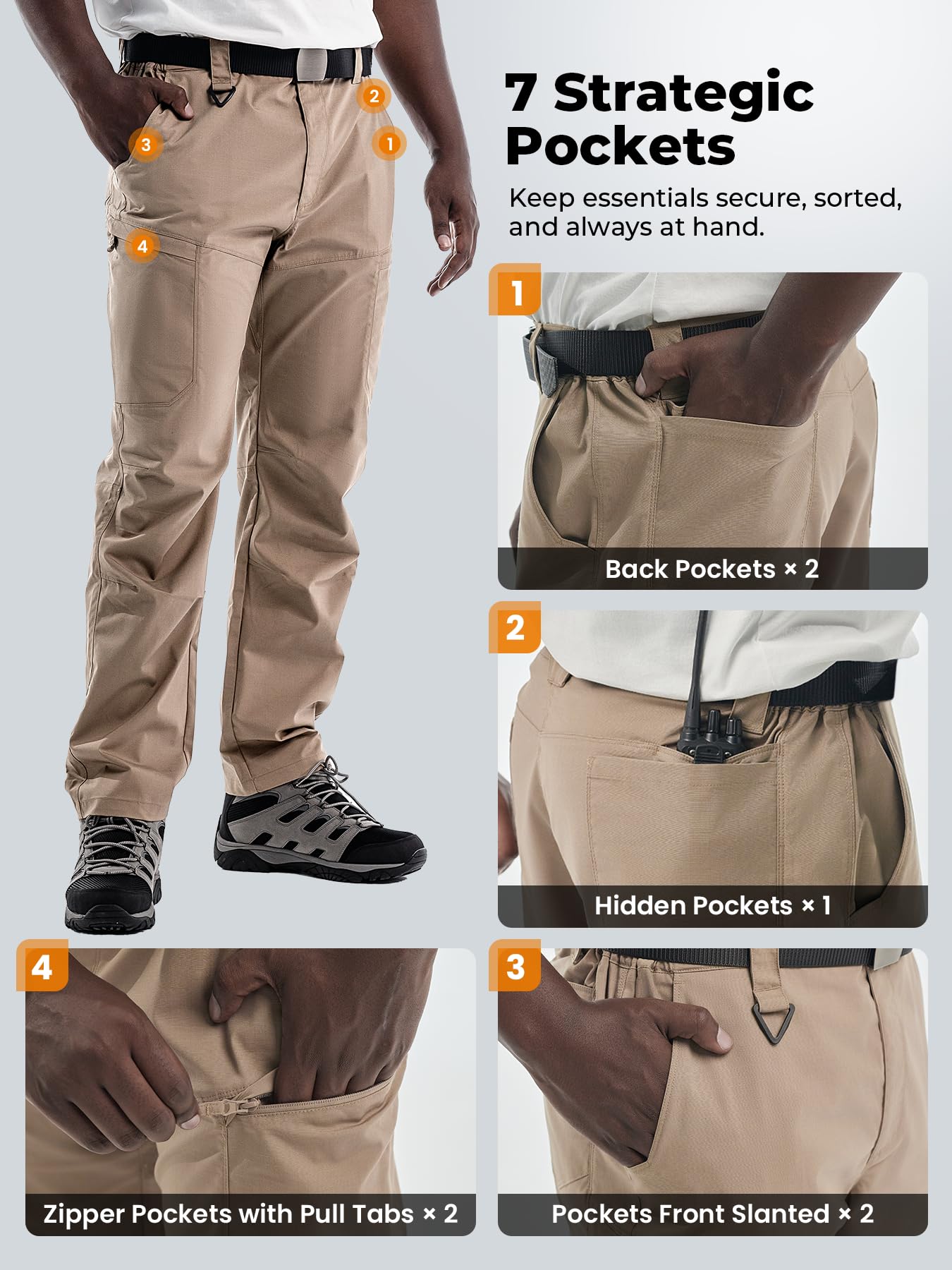 Pantalon tactique pour homme 7 poches Ripstop Cargo Pantalon de travail imperméable léger pour l'extérieur, la randonnée et la pêche