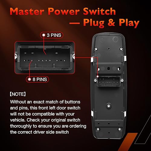 Miniatura 4 de Interruptor maestro de ventana eléctrica lateral del conductor  Reemplazo para Dodge Charger 2011-2019, Ram 1500 2500 3500 2015-2017, Chrysler 200