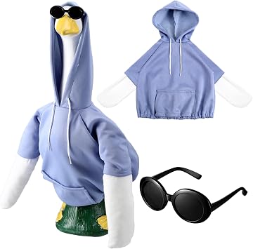 Blue Hoodie Goose Outfit Hooded Sweatshirt Porch Goose Clothes Dress with Wide Hat Sunglass Blue Sweatshirt Geese Costume for 17-23 Inch Geese Statue Luau Outdoor Patio Lawn Yard Garden Decor