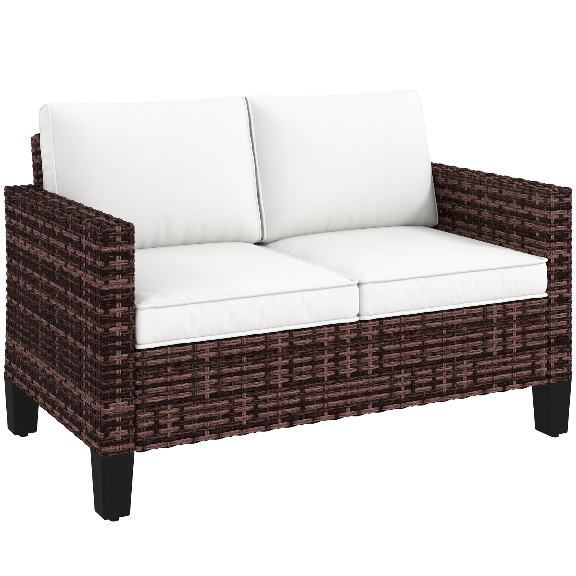 Outsunny 2 Seater Rattan Sofa with Cushions, Wicker Garden Loveseat with Armrests, Outdoor Garden Sofa Couch with Steel Frame for Balcony, Porch, Brown