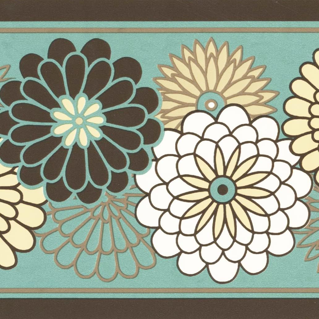 CONCORD WALLCOVERINGS ™ Retro Bloom Floral Wallpaper Border, 7" x 15' Stylized Brown & Teal Flowers, Mid-Century Modern Home Decor, Prepasted Washable Vinyl for Living Room #5510981